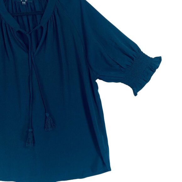 boho puff sleeve 3/4 length ruffled collar string tie blouse dark navy sz xl - Picture 5 of 15